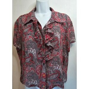 St. John Cropped Red Multi Paisley Print Button Front Blouse SZ 14 SEE BUTTONS